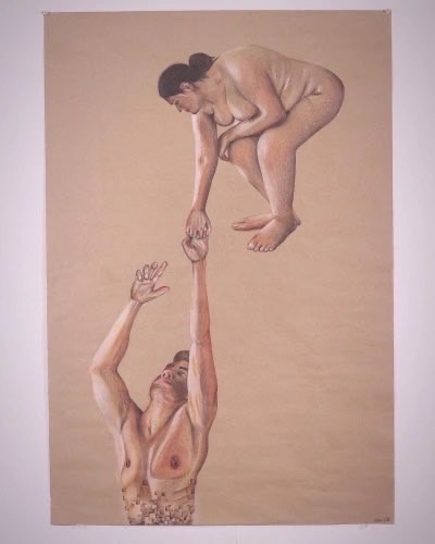 Dessin au crayon de bois, qui illustre une femme qui aide un homme à se relever. Il y a de la nudité.